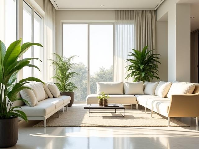A bright, clean, perfectly organized living room with green plants, emphasizing a spotless residential interior.